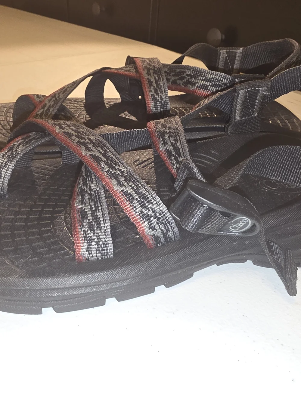 Chaco Black Sport Sandals with Gray & Red Straps